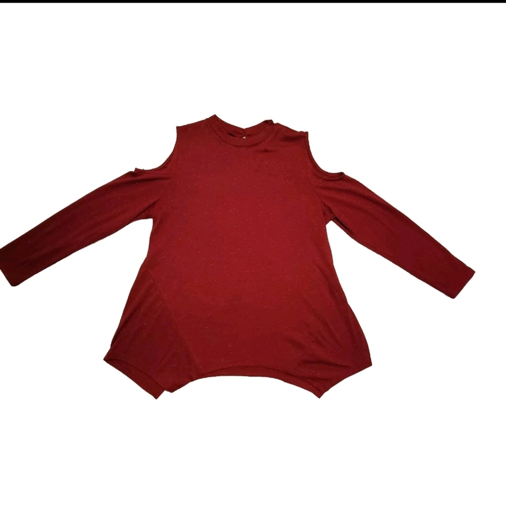 Style & Co Women’s Med Red Cold Shoulder Silver Glitter Long Sleeve Tunic